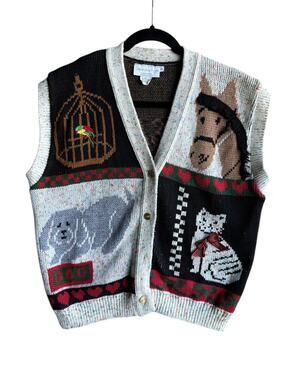 Sweater Loft Women's Vintage Novelty Horse Cat Dog Bird Animal Knit Vest SMALL